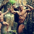 Two bodybuilders posing in a cave