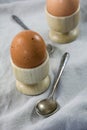 Two boiled brown eggs in egg cups with spoons Royalty Free Stock Photo