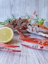 Two Boiled crabs with lemon and dill on wood