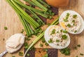 Two boiled eggs with mayonnaise on cutting board Royalty Free Stock Photo