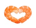 Two boiled peeled shrimps in the shape of a heart. I like seafood concept. Delicacy, tasty and healthy eating of seafood. Isolated Royalty Free Stock Photo