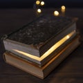 Two books stacked on a table and inside one of them there is a light Royalty Free Stock Photo