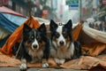 Two Border Collies under a Tent in a City Royalty Free Stock Photo
