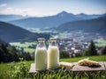 Two bottle of homemade village milk against the backdrop of the village. AI Royalty Free Stock Photo