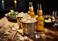 Two bottle of lager light mexican beer with buckets of ice and limes on wooden table.Macro.AI Generative