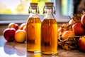 Two bottles of apple cider sit on a table next to a pile of apples Royalty Free Stock Photo