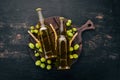 Two bottles of beer On a black wooden table. Royalty Free Stock Photo