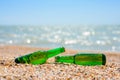 Two bottles of beer lie on the beach on a hot day. Seaside concept. Royalty Free Stock Photo