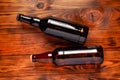 Two bottles of beer lie on an open table with empty space Royalty Free Stock Photo