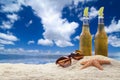 Two bottles of beer with lime on the beach. Royalty Free Stock Photo