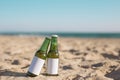 two bottles beer sandy beach. High quality photo Royalty Free Stock Photo