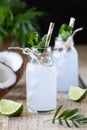 Two bottles of coconut water on a wooden table Royalty Free Stock Photo