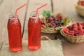 Two bottles of cold stewed fruit from assorted berries. Royalty Free Stock Photo