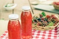 Two bottles of cold stewed fruit from assorted berries. Royalty Free Stock Photo