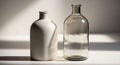 Two bottles are displayed on a light surface, casting shadows. On the left is a matte, white Royalty Free Stock Photo
