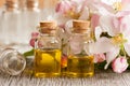 Two bottles of essential oil with apple blossoms Royalty Free Stock Photo