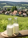 Two bottles of homemade village milk against the backdrop of the village. AI Royalty Free Stock Photo