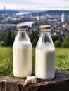 Two bottles of homemade village milk against the backdrop of the village. AI Royalty Free Stock Photo