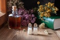 Two bottles of homeopathic pills with dried herbs and materia medica Royalty Free Stock Photo