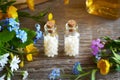 Two bottles of homeopathic remedies with spring flowers Royalty Free Stock Photo