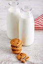 Two bottles of milk and chocolate chip cookies on wooden kitchen table Royalty Free Stock Photo