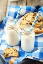 Two bottles of milk with striped straws and plate of cookies on the grey wooden background Royalty Free Stock Photo