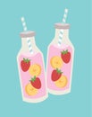 Two bottles of pink smoothie with fruit and straws on blue background. Refreshing summer drink concept vector