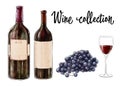 Two bottles of red wine with a glass and grape cluster isolated on white background. Wine collection. Vector illustration. Royalty Free Stock Photo