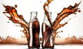 two bottles of soda with splashing orange and brown liquid Royalty Free Stock Photo