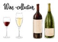 Two bottles of wine with two glasses isolated on white background. Wine collection. Vector illustration. Royalty Free Stock Photo