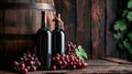 Two Bottles of Wine Next to Barrel in Cellar Royalty Free Stock Photo