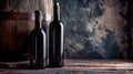 Two Bottles of Wine Next to Barrel in Cellar Royalty Free Stock Photo