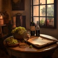 Two bottles of wine prepared for degustation on vintage wooden table in front of window with a basket of grapes and a wine glass. Royalty Free Stock Photo