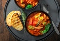 Two bowl Italian soup minestrone with vegetables on wooden table Royalty Free Stock Photo