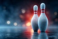 Two bowling pins are standing on a polished floor with dramatic lighting and bokeh background Royalty Free Stock Photo