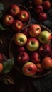 two bowls of apples on a table with leaves and a cloth on the table cloth, and a bowl of apples on the table with leaves and one