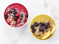 Two bowls of breakfast smoothie