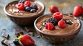 Delicious Chocolate Mousse Dessert Garnished with Fresh Berries in Ceramic Bowls ready to served Royalty Free Stock Photo