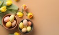 two bowls of eggs and yellow tulips on a brown surface with a green napkin and a green napkin on the side of the bowl