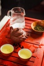 Two bowls with fresh oolong tea on tea desk. Royalty Free Stock Photo