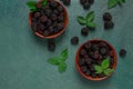 Two bowls, fresh , ripe blackberries, with leaves, top view, no people,