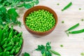 Two bowls of fresh young green peas in stitches and peeled against a background of leaf shoots, sprigs of young green Royalty Free Stock Photo