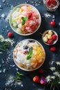 Two bowls of fruit salad with raspberries and mint Royalty Free Stock Photo