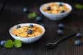 Two bowls of pancake cereals on a table Royalty Free Stock Photo