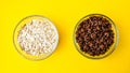 Two bowls with quick breakfast of chocolate cornflakes and oat meal on bright yellow baclground. Copy space Royalty Free Stock Photo