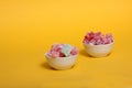 Two bowls of rahat lakoum isolated on yellow background horizontal image. Turkish sweet concept. Image contains copy space Royalty Free Stock Photo