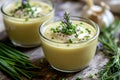 Two bowls of ramson soup garnished with chives