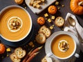 Two Bowls Of Soup With Bread And Pumpkins. Generative AI
