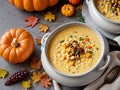 Two Bowls Of Soup With Corn And Pumpkins. Generative AI