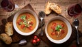 Two bowls of soup with tomatoes and beans, bread on the side, wine glasses Royalty Free Stock Photo